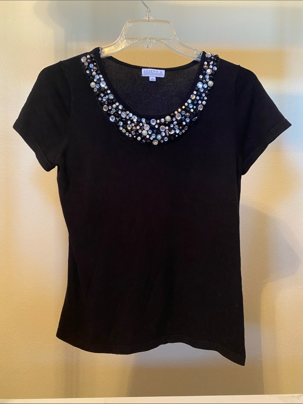 Joseph A Black Short-Sleeve Tee with Jeweled Neckline